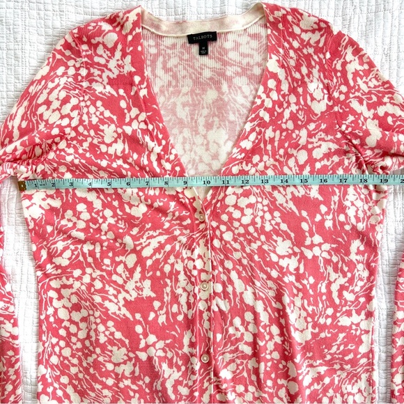 Talbots Salmon Pink and White Art To Wear Button Down Knit Cardigan Size Medium - Picture 6 of 9